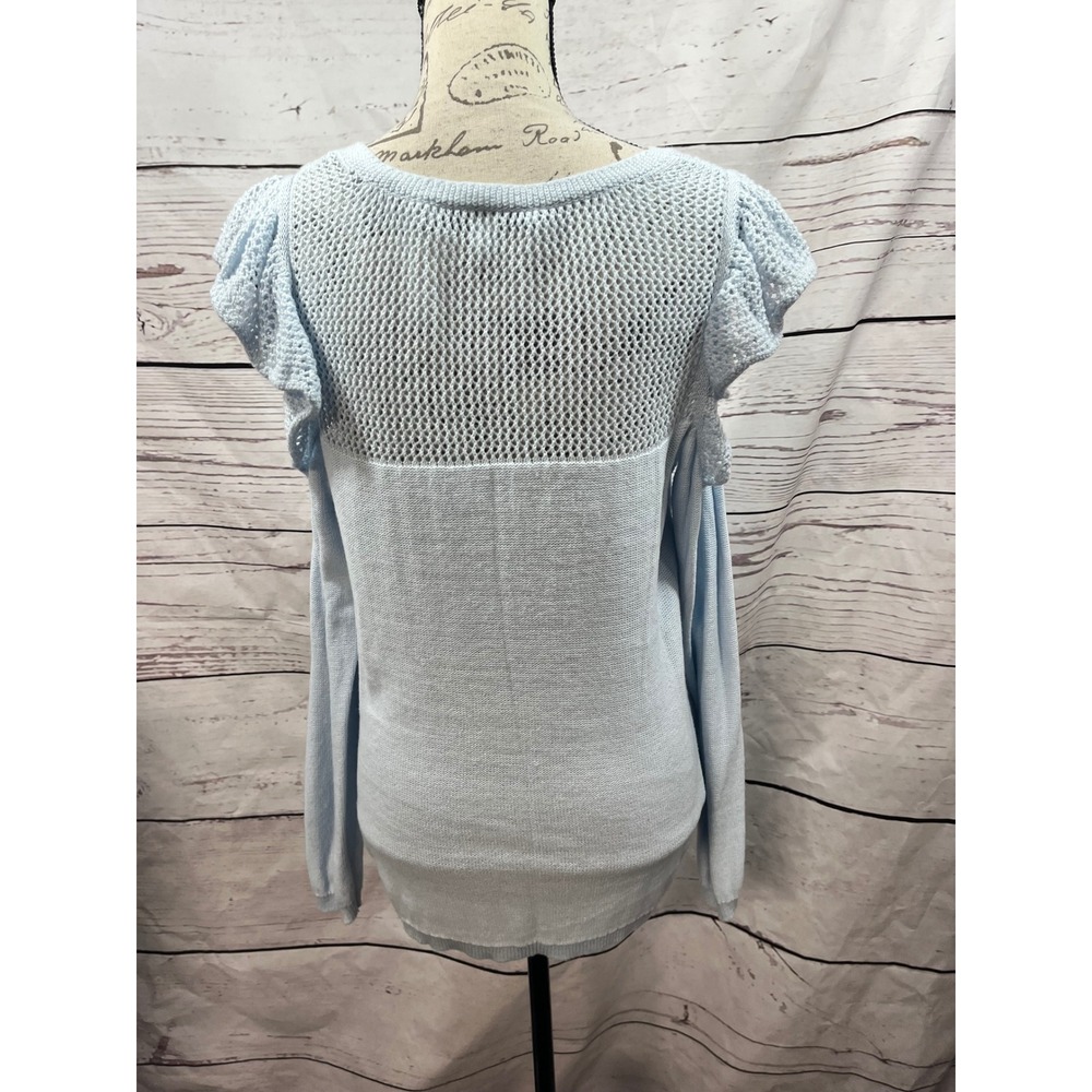 LC Lauren Conrad Womens Blue Cold Shoulder Open Knit Ruffle Sweater Large - Picture 4 of 5